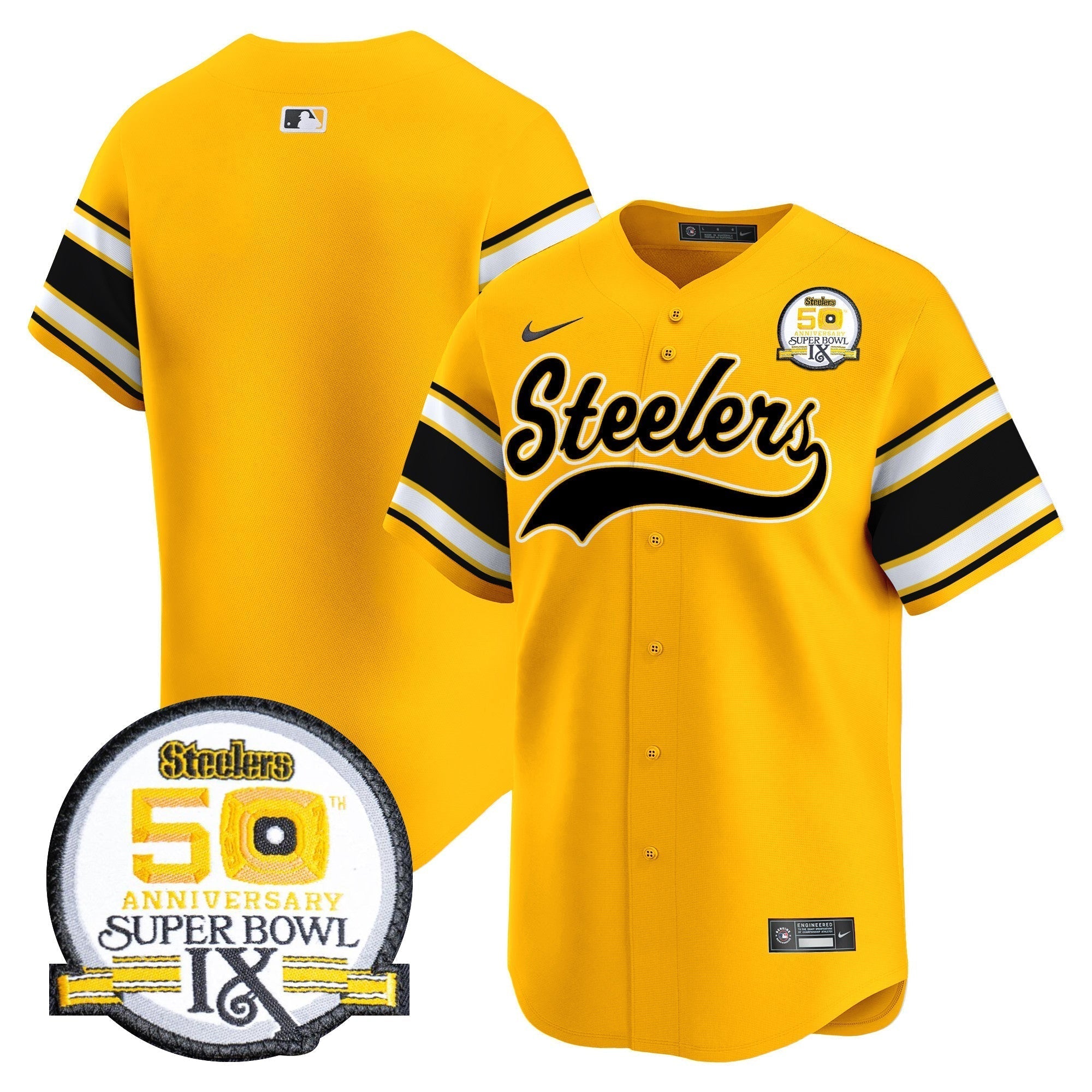 Steelers 50th Anniversary Of Super Bowl IX Patch Vapor Premier Baseball Jersey - All Stitched