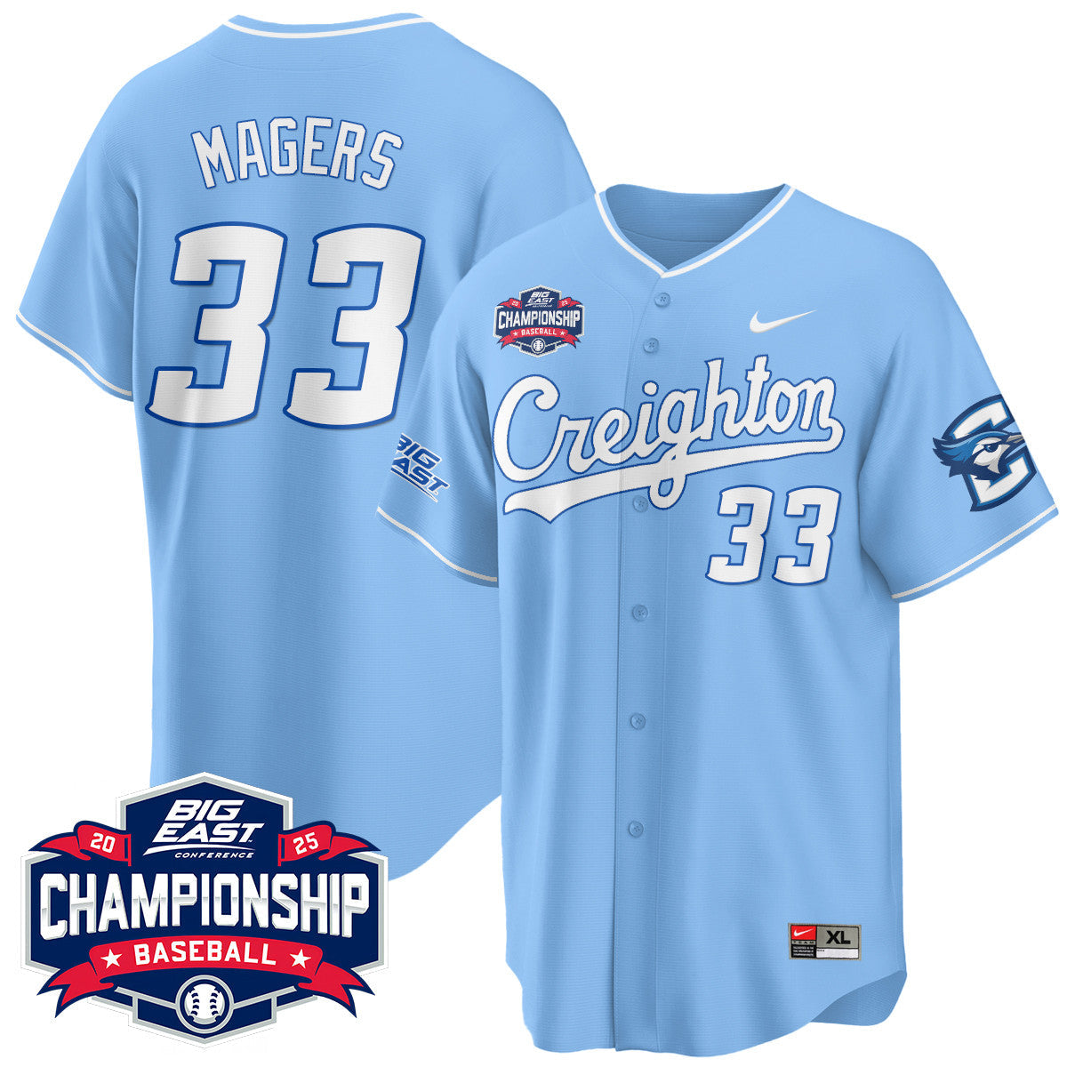 Creighton Bluejays Baseball 2025 Big East Baseball Tournament Champions Jersey - All Stitched