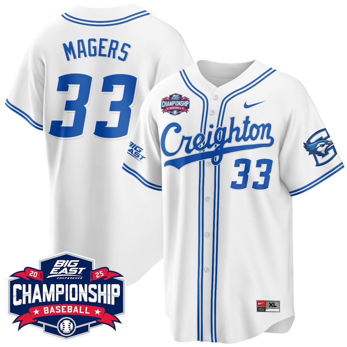 Creighton Bluejays Baseball 2025 Big East Baseball Tournament Champions Jersey - All Stitched