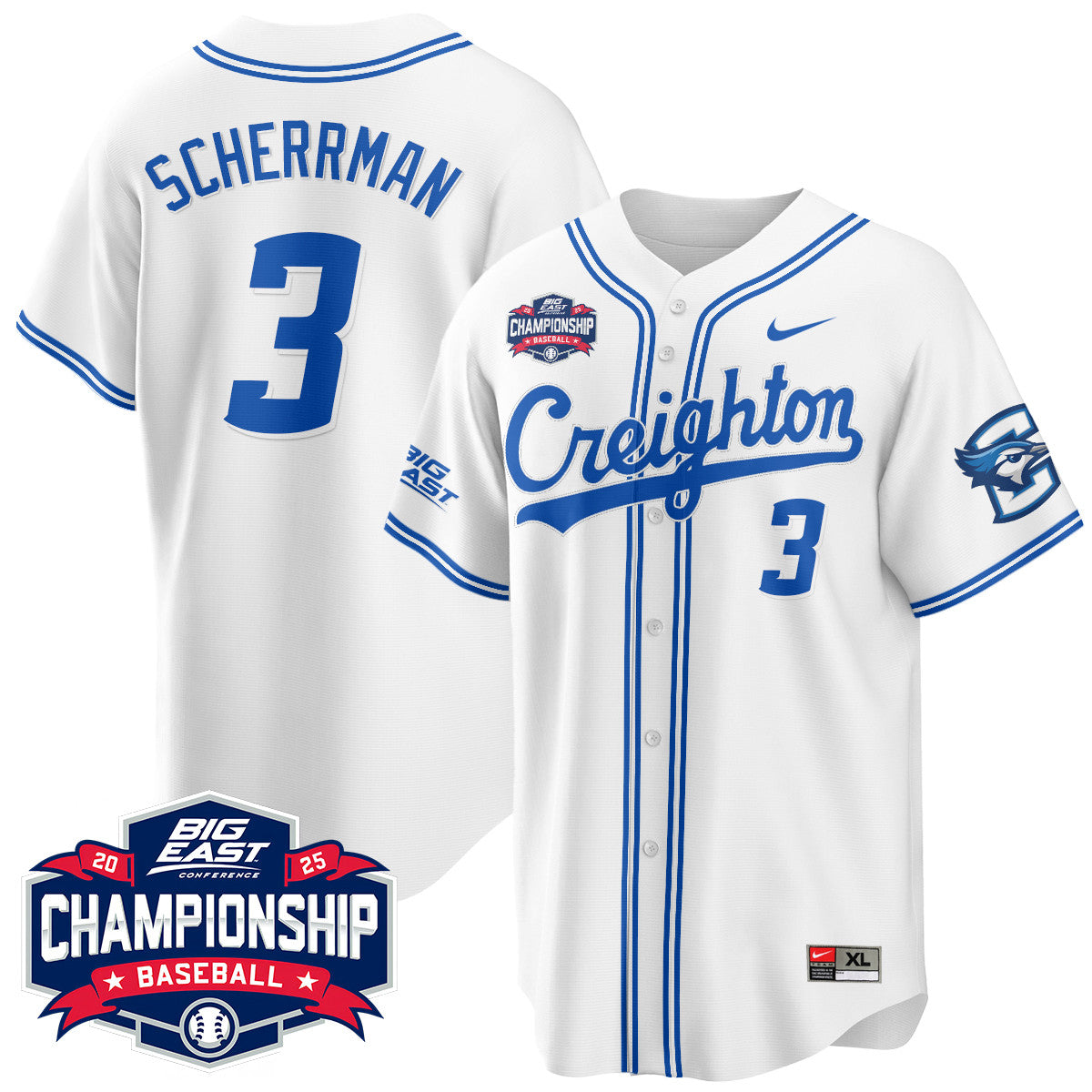 Creighton Bluejays Baseball 2025 Big East Baseball Tournament Champions Jersey - All Stitched